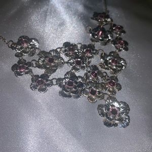 Silver Flower necklace with pink crystals